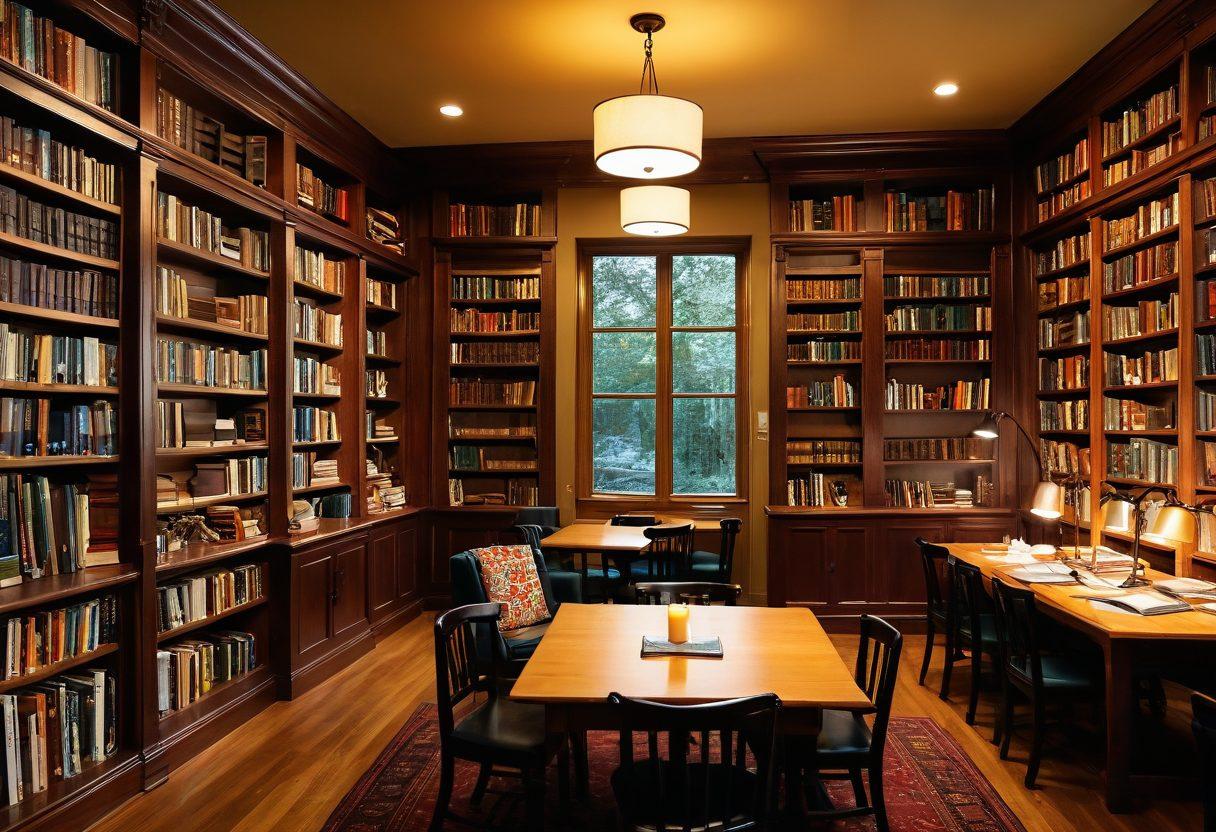 A cozy library setting filled with diverse book lovers engaged in lively discussions. Shelves filled with colorful books in the background, with a warm glow from a reading lamp illuminating a coffee cup and open book on a table. Include a chalkboard with book quotes and author insights. Vibrant colors. super-realistic.