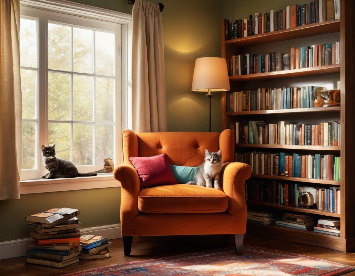 An inviting bookshelf overflowing with books of various genres, each spine featuring vibrant, eye-catching covers. A cozy reading nook complete with a plush armchair and a steaming cup of coffee, inviting viewers to dive into a story. Soft natural light filtering in through a window, casting warm shadows. Include a whimsical cat curled up on the armchair, embodying the comfort of reading. super-realistic. warm colors. cozy atmosphere.