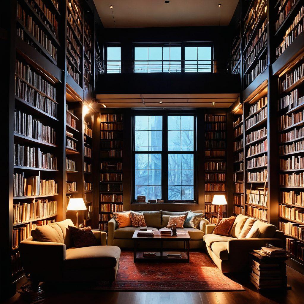 A split scene depicting a bookworm immersed in a cozy library surrounded by stacks of fictional novels on one side, and on the other side, a bright, open space with non-fiction books, a coffee cup, and a notepad for jotting down reflections. The lighting should shift from warm and intimate to bright and inspiring. Include floating words like 'enrich', 'journey', and 'reviews' for a dynamic touch. super-realistic. vibrant colors. cozy atmosphere.